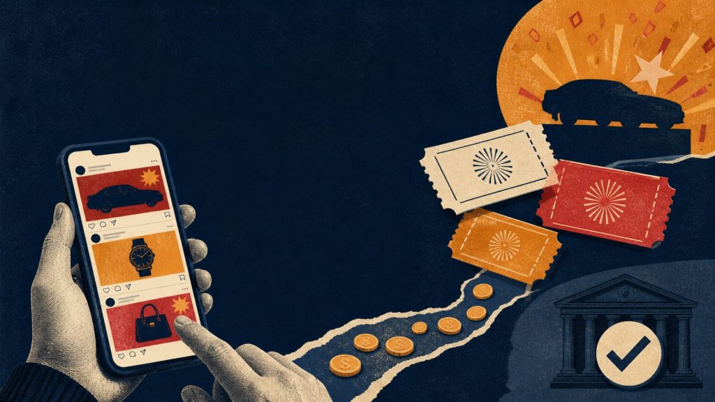 Illustration of paid social-media raffles and licensing checks