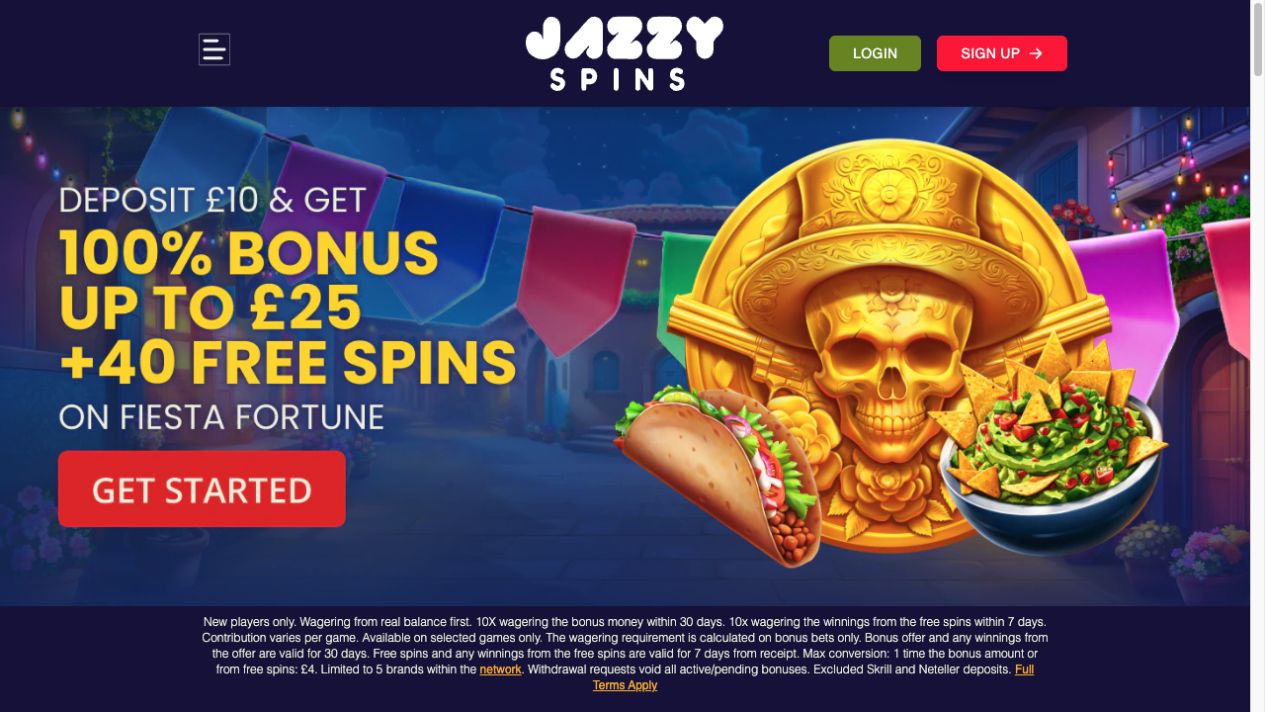 Jazzy Spins casino homepage showing the £25 welcome bonus and 40 free spins.