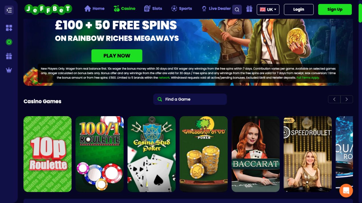 JeffBet Casino lobby showing roulette, poker, baccarat and live casino games