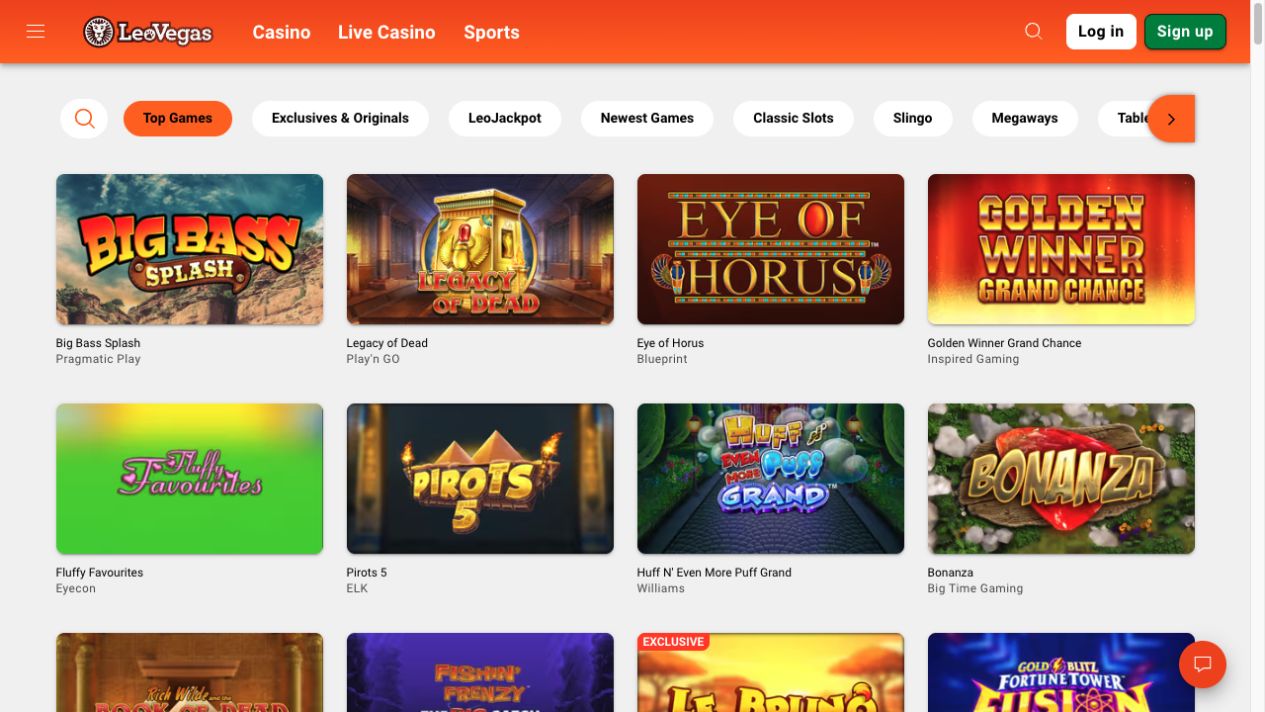 LeoVegas Casino games lobby for UK players