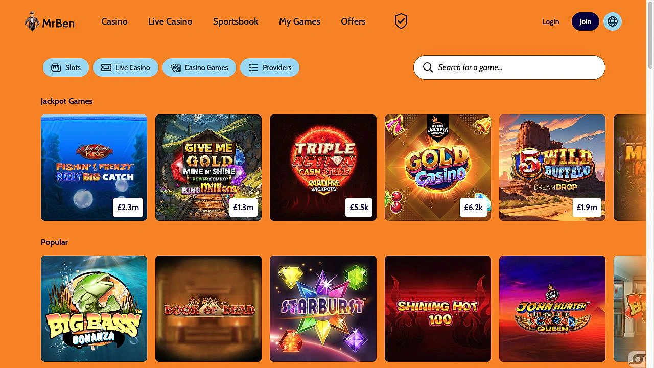 MrBen Casino lobby with jackpot and popular games