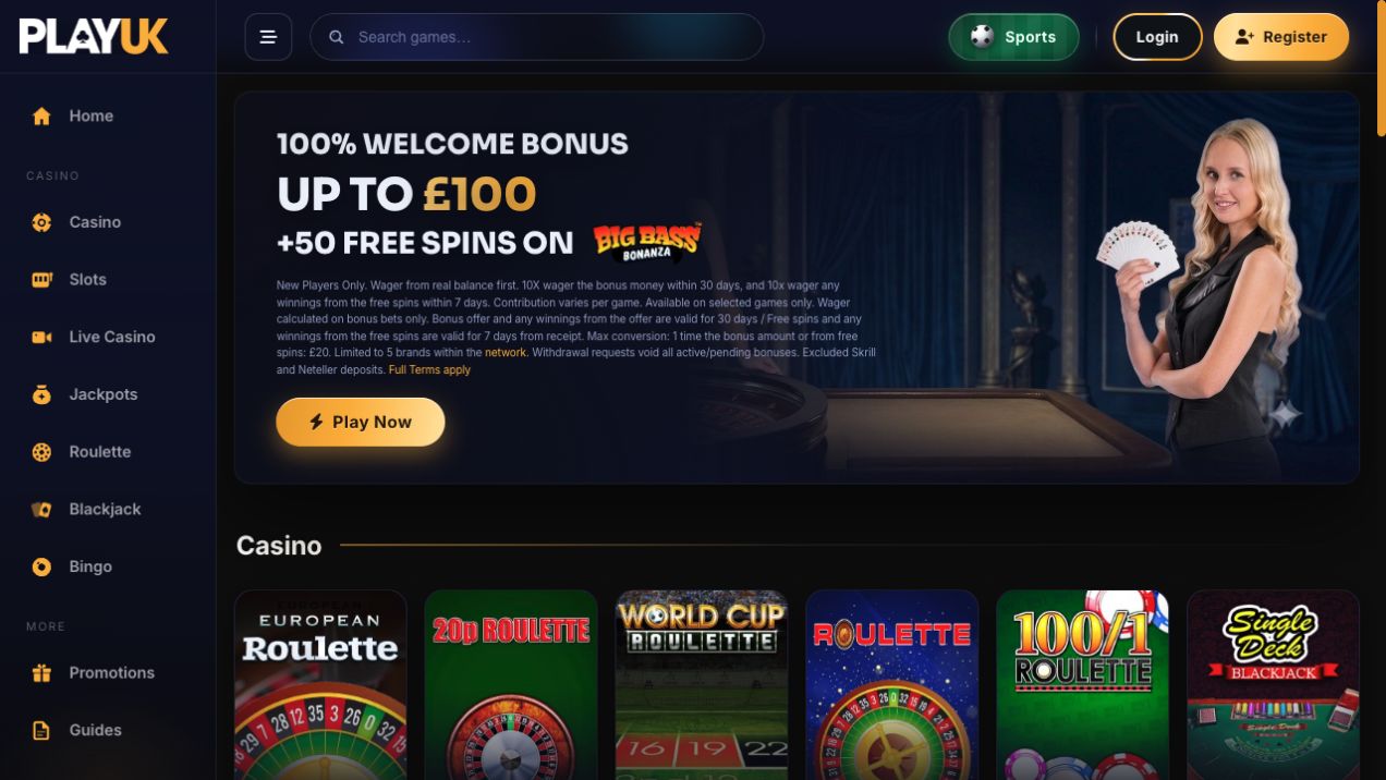 PlayUK Casino lobby showing the welcome offer and casino games