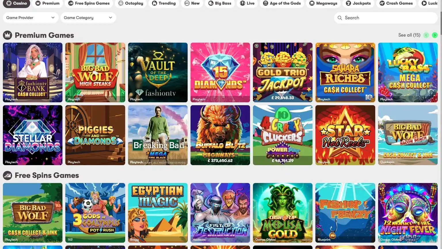 10Bet Casino lobby showing Premium Games, game filters and search