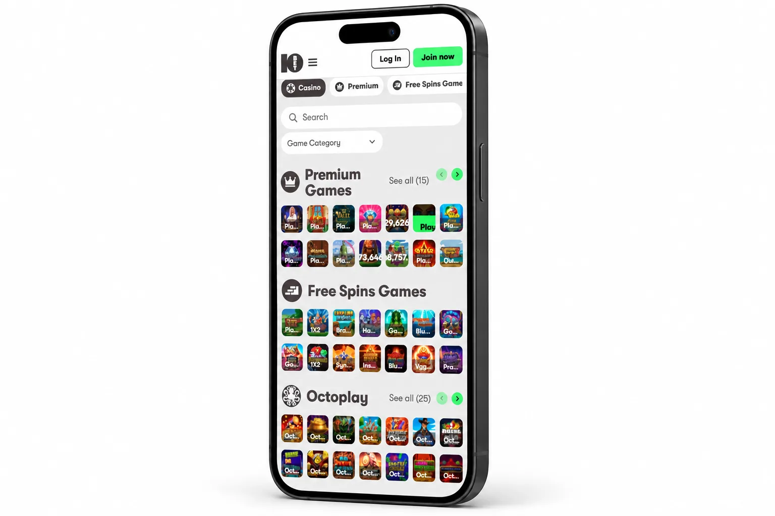 10Bet Casino mobile lobby with game search and category rows in a phone frame