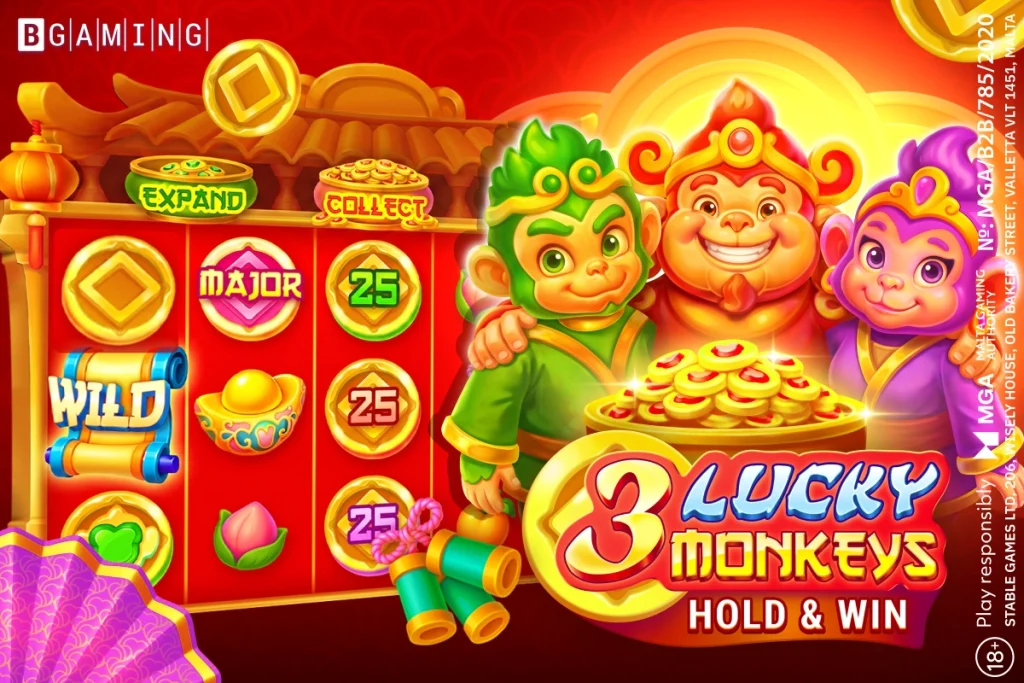 Three monkey characters, coin symbols and the 3 Lucky Monkeys Hold & Win logo