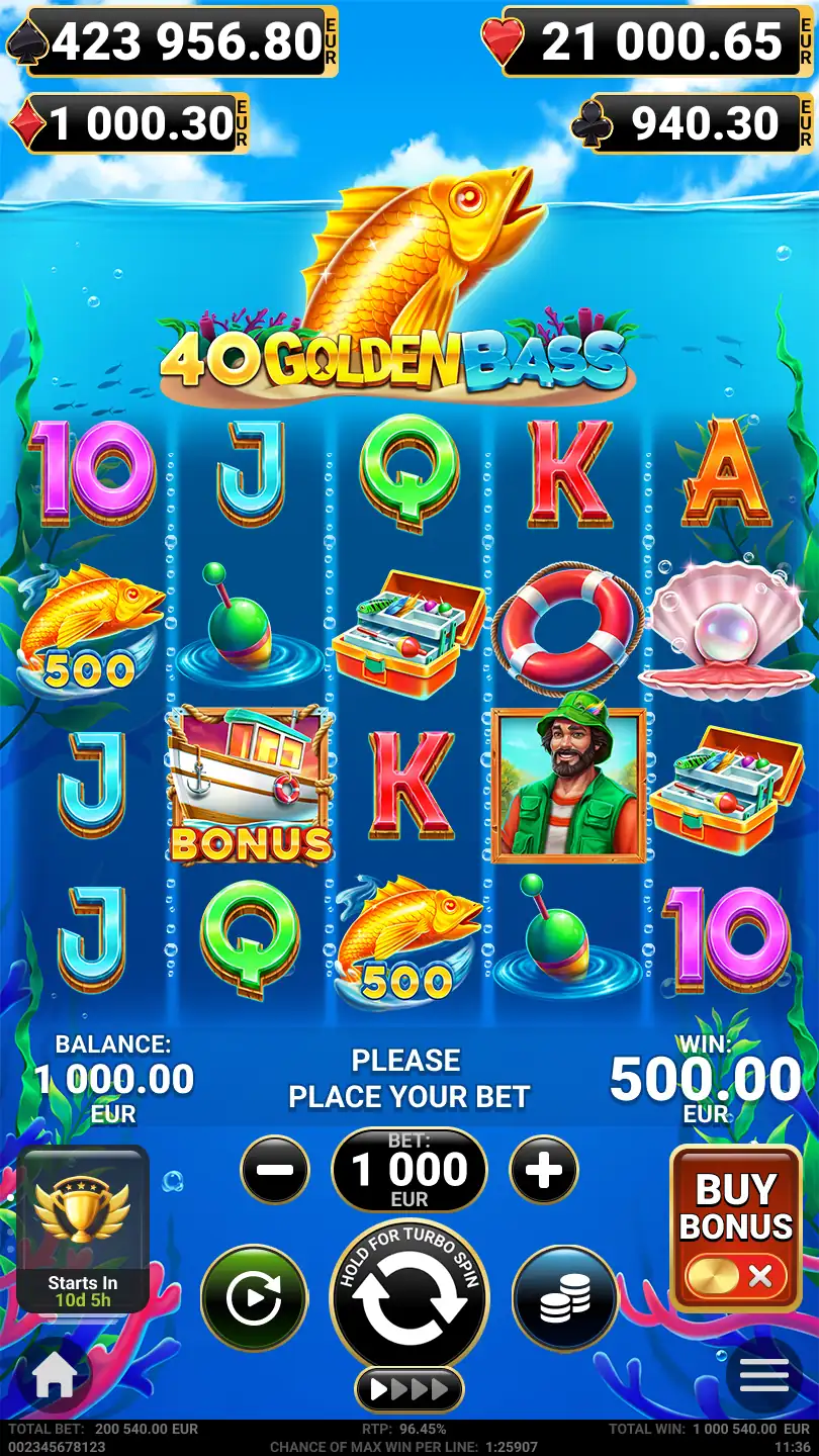 40 Golden Bass portrait layout showing five reels, four rows and the game controls