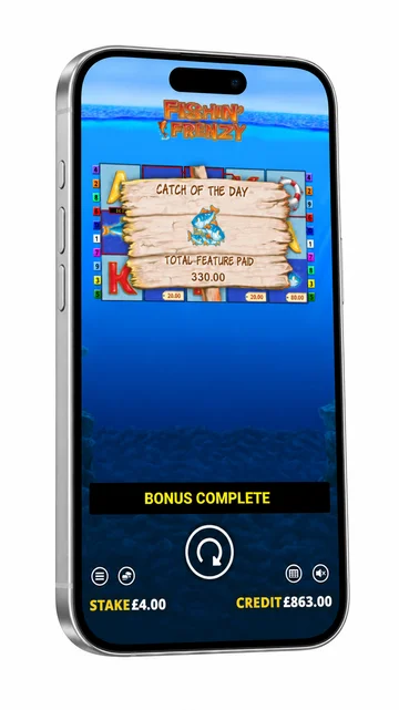 Fishin’ Frenzy displayed in an angled iPhone mockup
