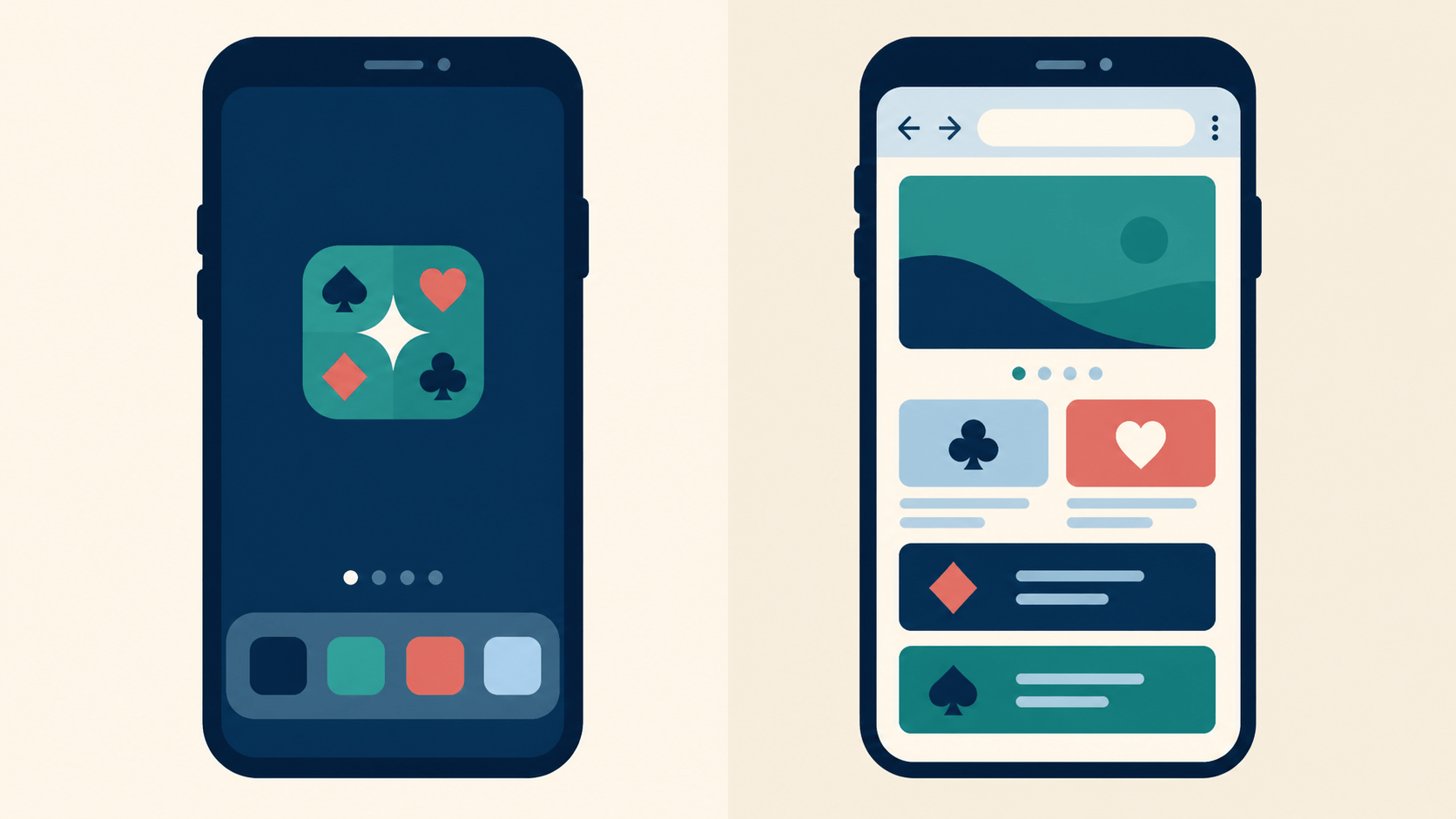 Flat illustration comparing a native casino app with a mobile casino website