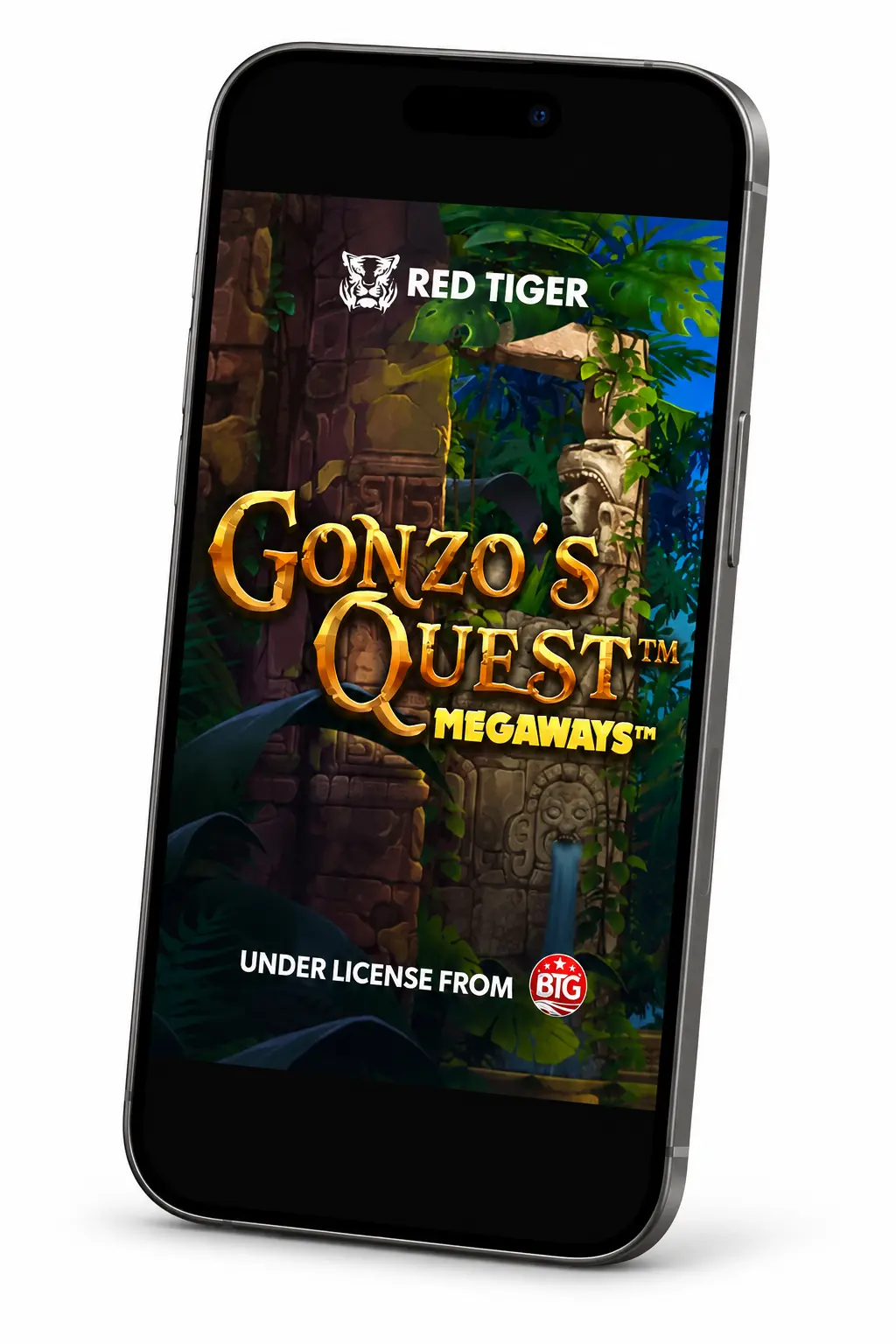 Gonzo’s Quest Megaways cover artwork displayed in a tilted phone mockup