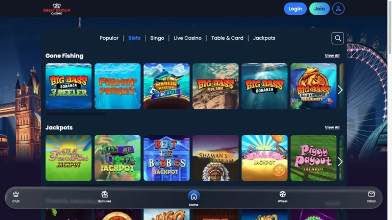 Great Britain Casino desktop lobby with slot categories and jackpot games