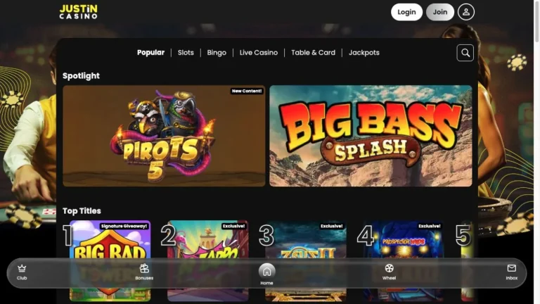 Justin Casino desktop lobby with game categories and Spotlight titles