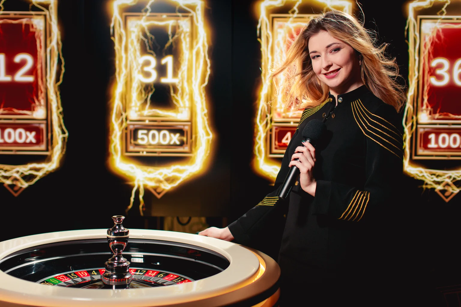 Lightning Roulette presenter beside the wheel and illuminated multiplier panels