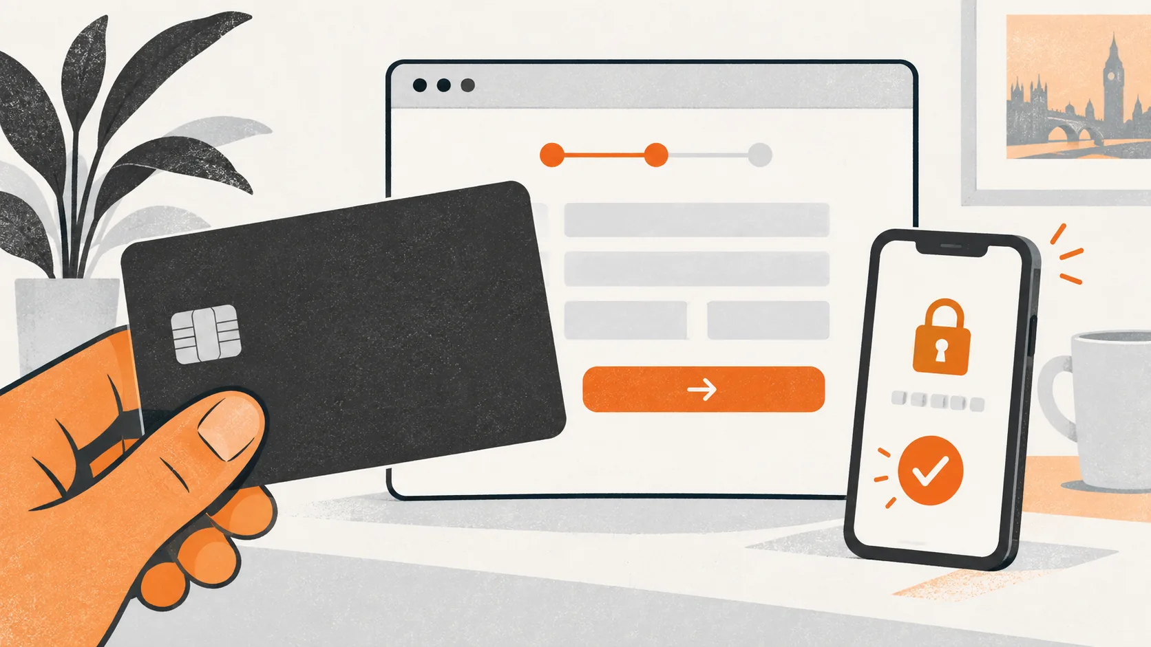Debit card beside an online payment window and a phone showing bank authentication