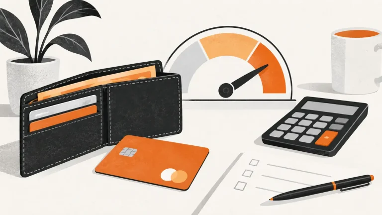 Wallet, debit card and calculator beside a spending-limit gauge