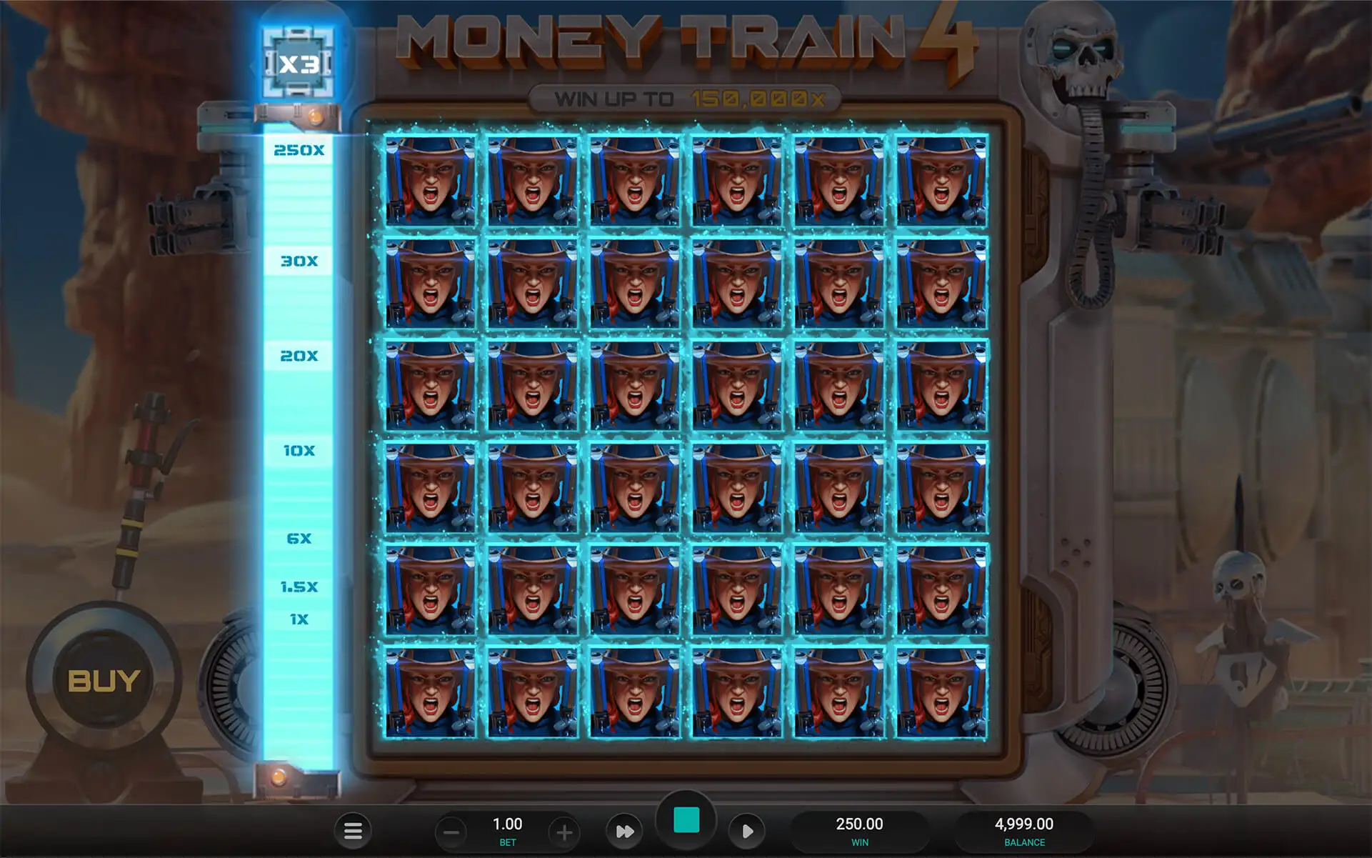 Money Train 4 by Relax Gaming, showing the character grid and multiplier ladder