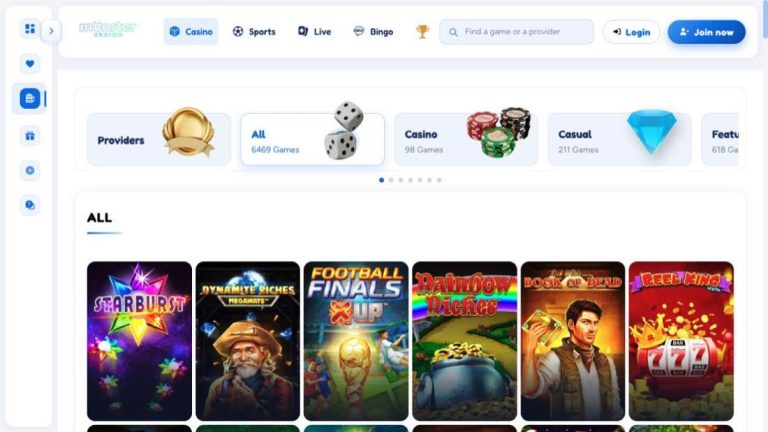 Monster Casino UK lobby with game categories, search and slot titles