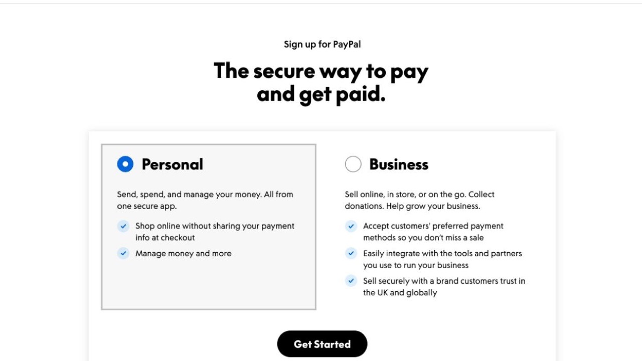 PayPal UK sign-up page showing Personal and Business account options