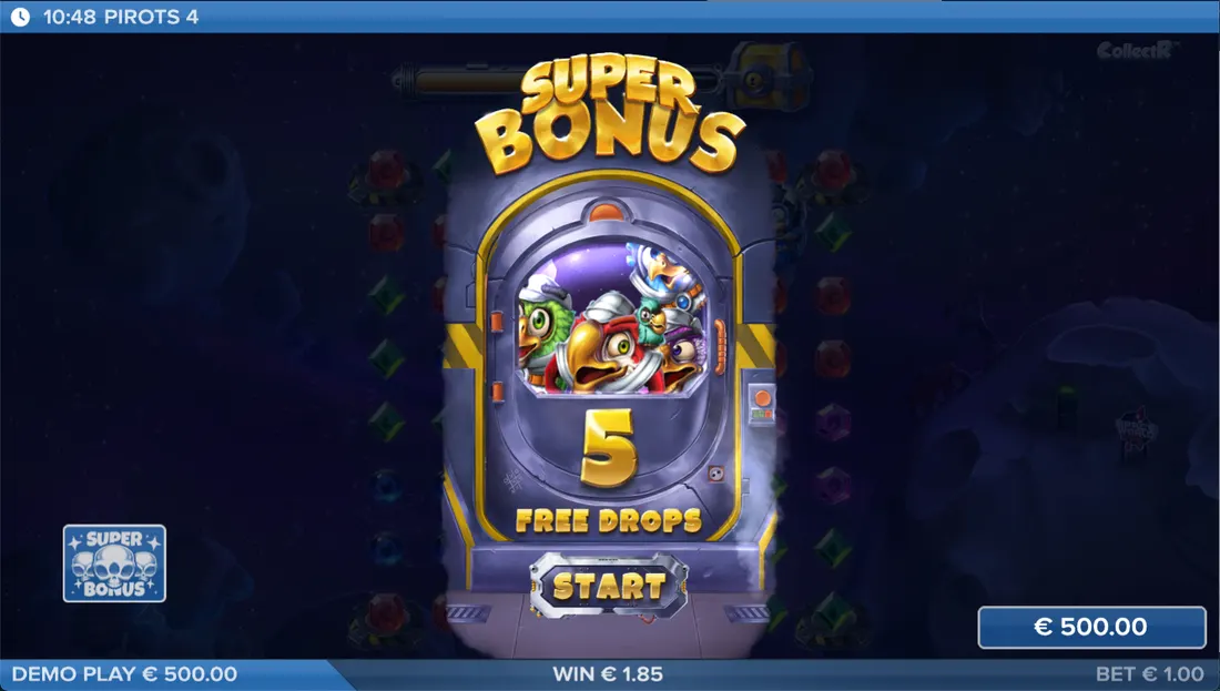 Pirots 4 super bonus screen showing five free drops and the four birds
