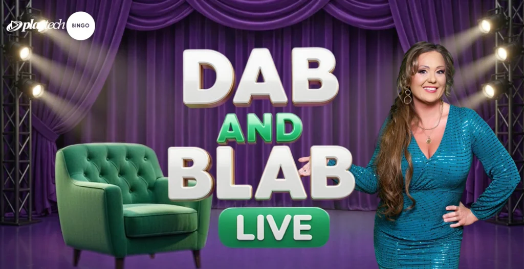 Dab & Blab Live presenter beside the show logo on Playtech’s purple studio set