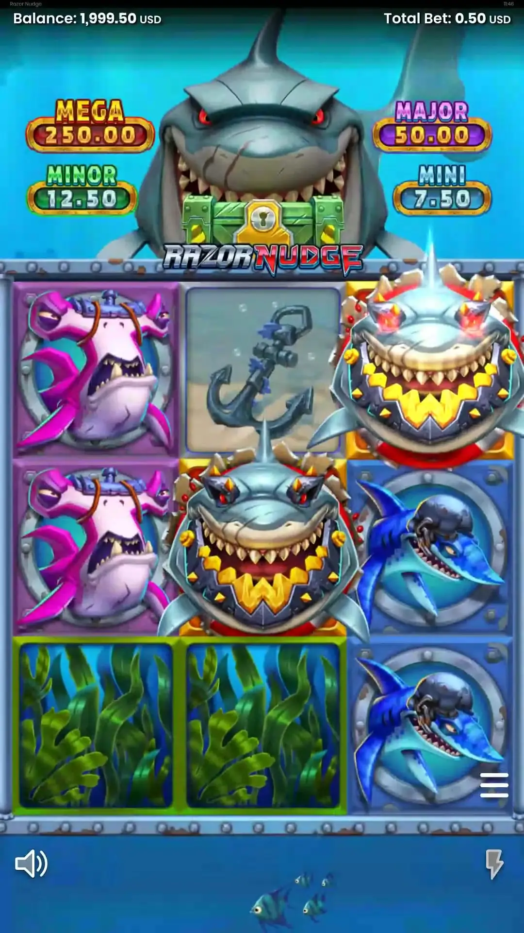 Razor Nudge promotional mobile screenshot showing the 3x3 reels and four prize tiers
