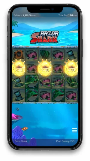 Razor Shark mobile layout with three glowing sea mine scatter symbols