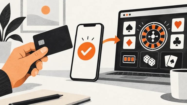 Debit card and mobile payment approval beside an online casino screen