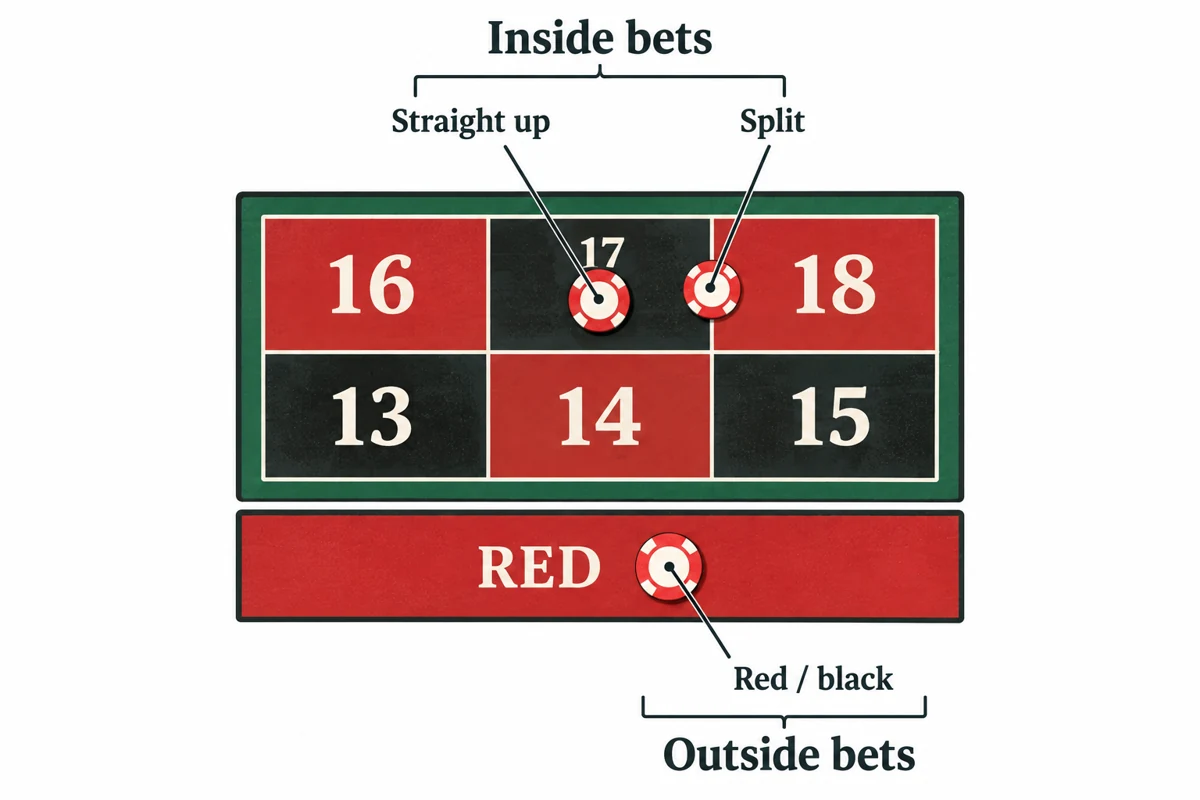 Straight-up, split and red bets on a simplified roulette layout