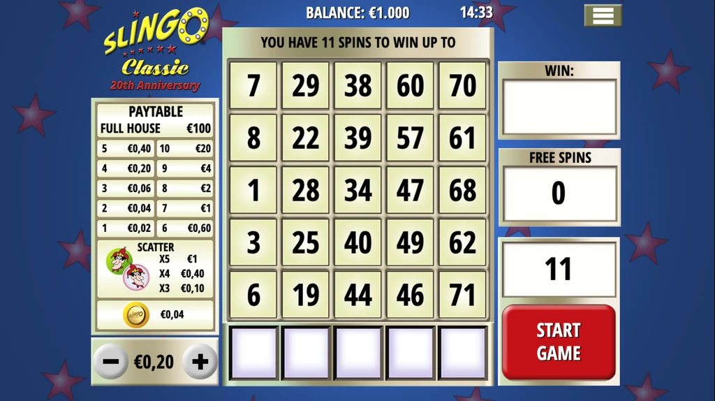 Slingo Classic game screen showing the five-by-five number grid, paytable and reels