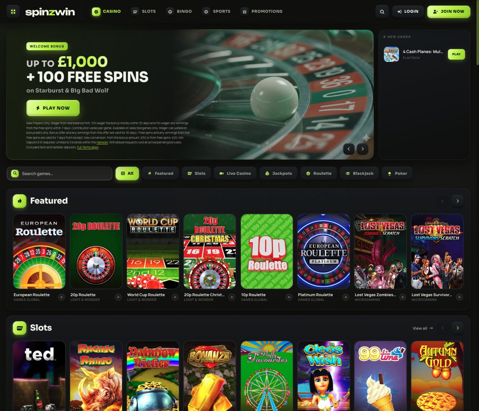 Spinzwin desktop homepage with game categories and casino lobby