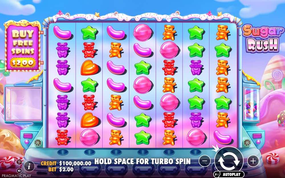 Seven-by-seven candy symbol grid in the original Sugar Rush slot