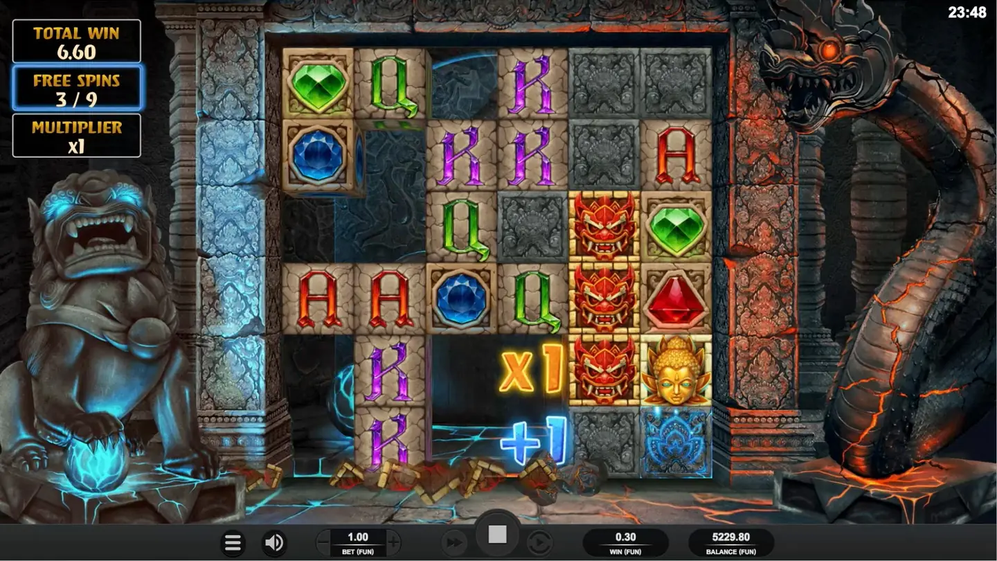 Temple Tumble free spins with an x1 multiplier and a +1 extra-spin reward on the grid