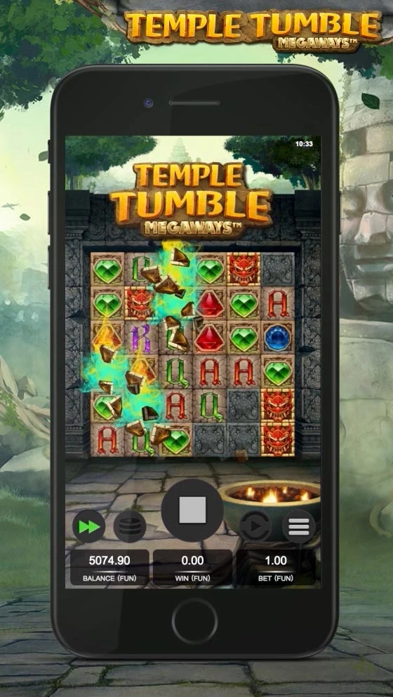 Temple Tumble on a mobile phone, showing gems and stone blocks on the reels