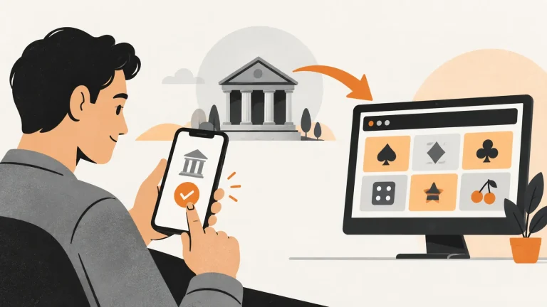 Bank payment illustration showing a player approving a transfer from their bank to an online casino