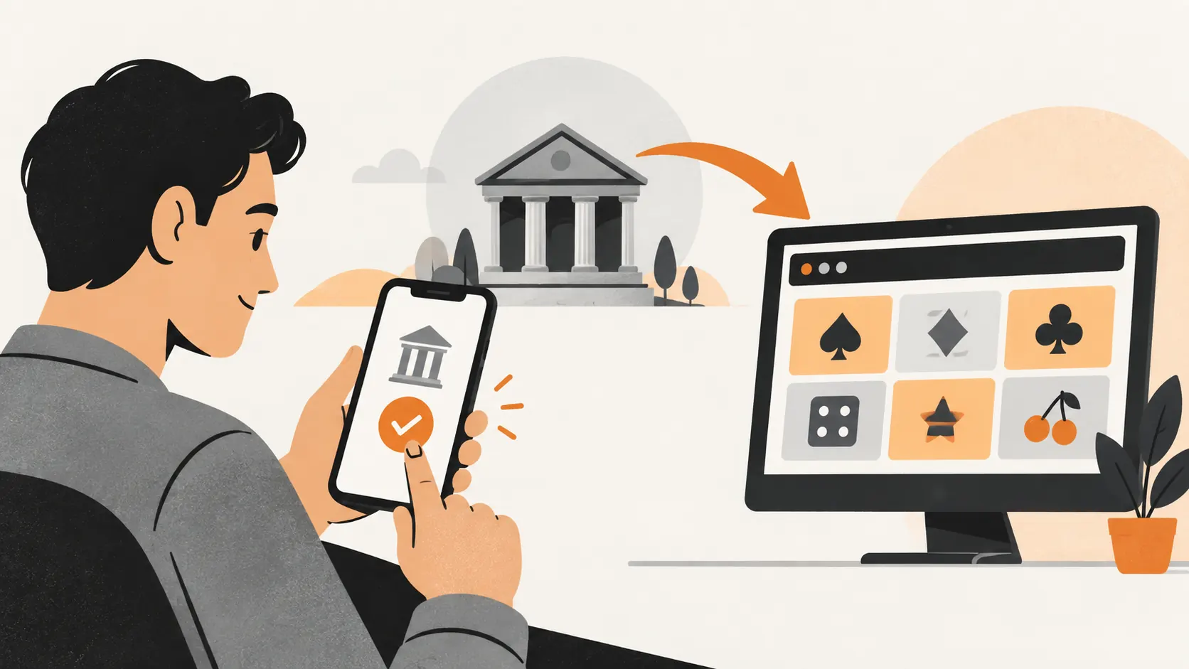 Bank payment illustration showing a player approving a transfer from their bank to an online casino