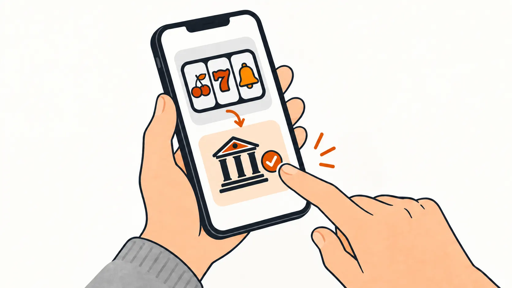 Illustration of an online casino payment on a phone, with slot symbols and bank approval